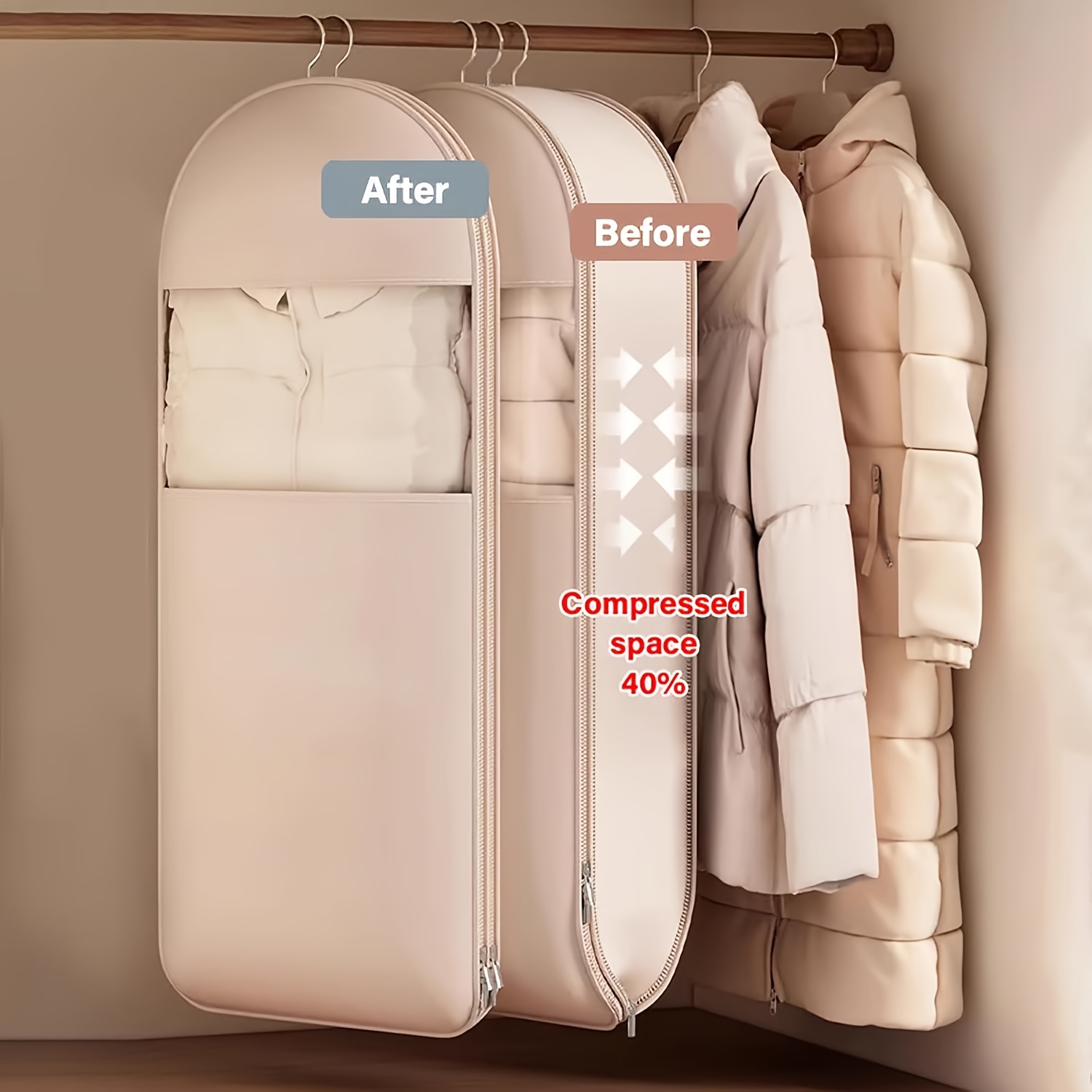 Winter Clothing Organizer - Bej Renkli Sıkıştırma Askılı Çanta, %40